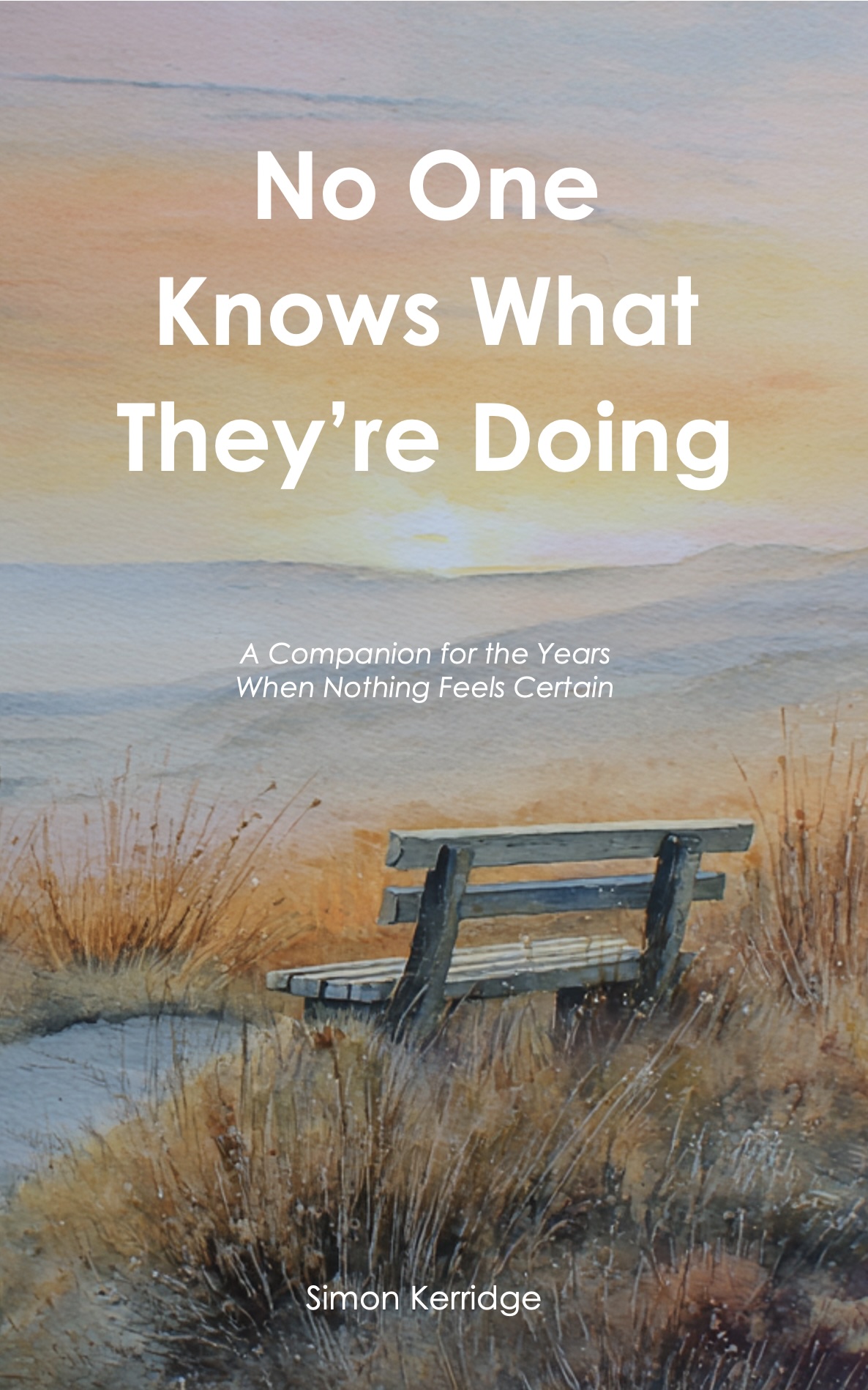 No One Knows What They're Doing — watercolour of a solitary bench on misty moorland